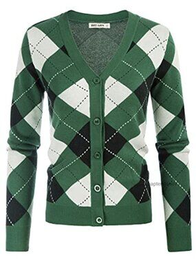 Argyle Cardigan Sweater Button Down V-Neck Preppy Fall Layering